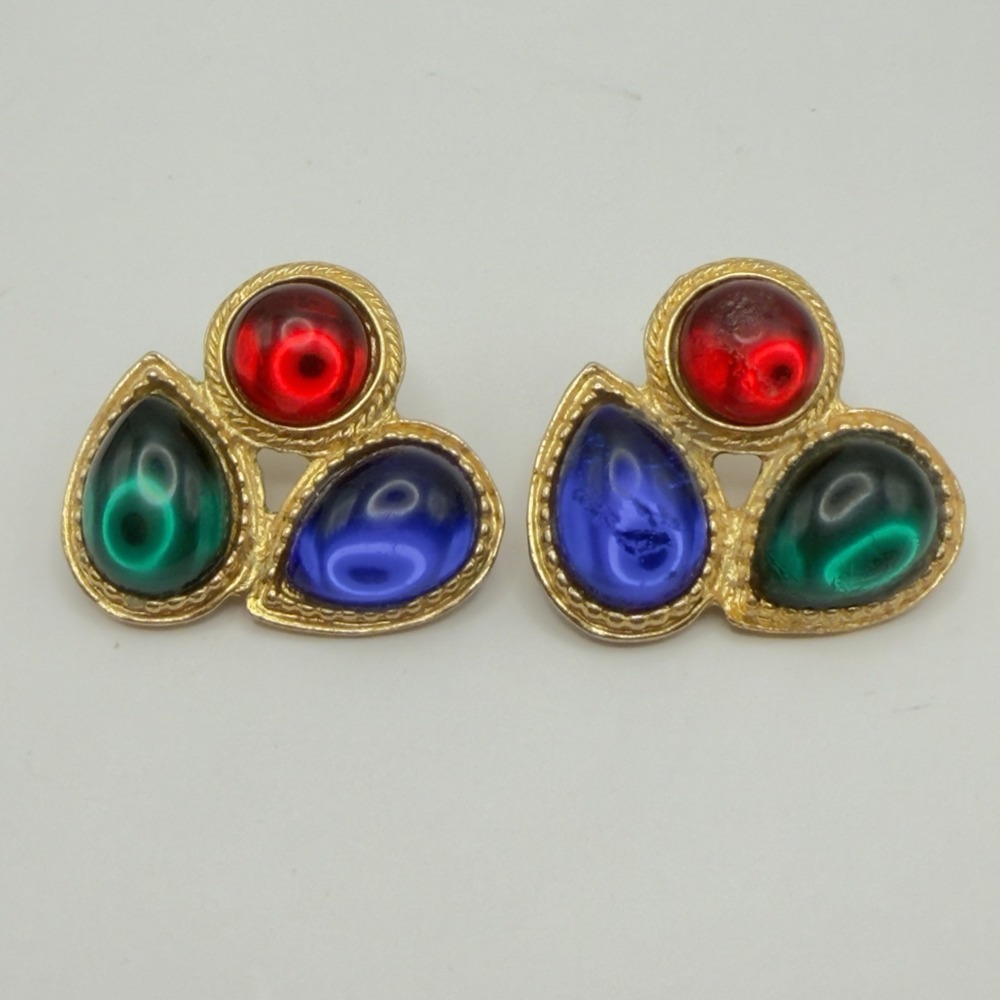 Vintage 80's Mogul Gripoix Style Gold Tone Cabochon Earrings Read